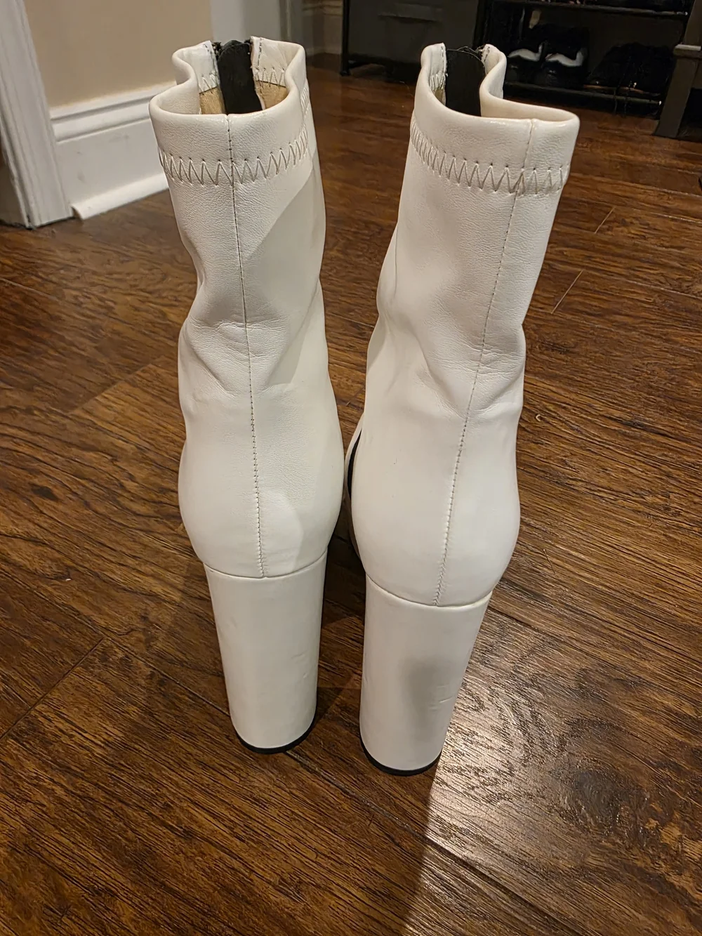 White Platform Ankle Boots with Black Front Zip and Strap